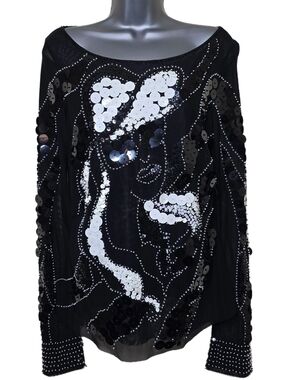 Caché Vintage Y2K Black Sheer Mesh Sequin Face Top Size L